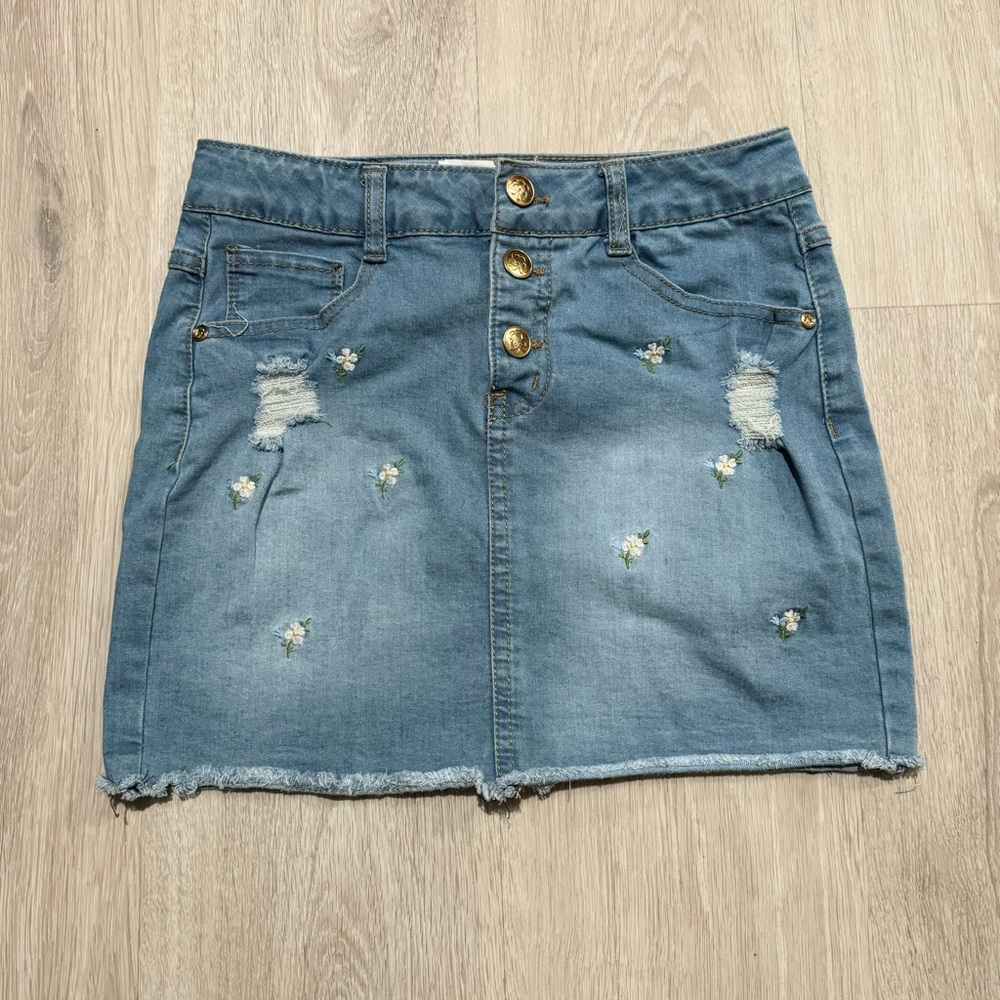 Kids Beautees Girls Medium Wash Blue Floral Embroidered Denim Jean Skirt 12 L